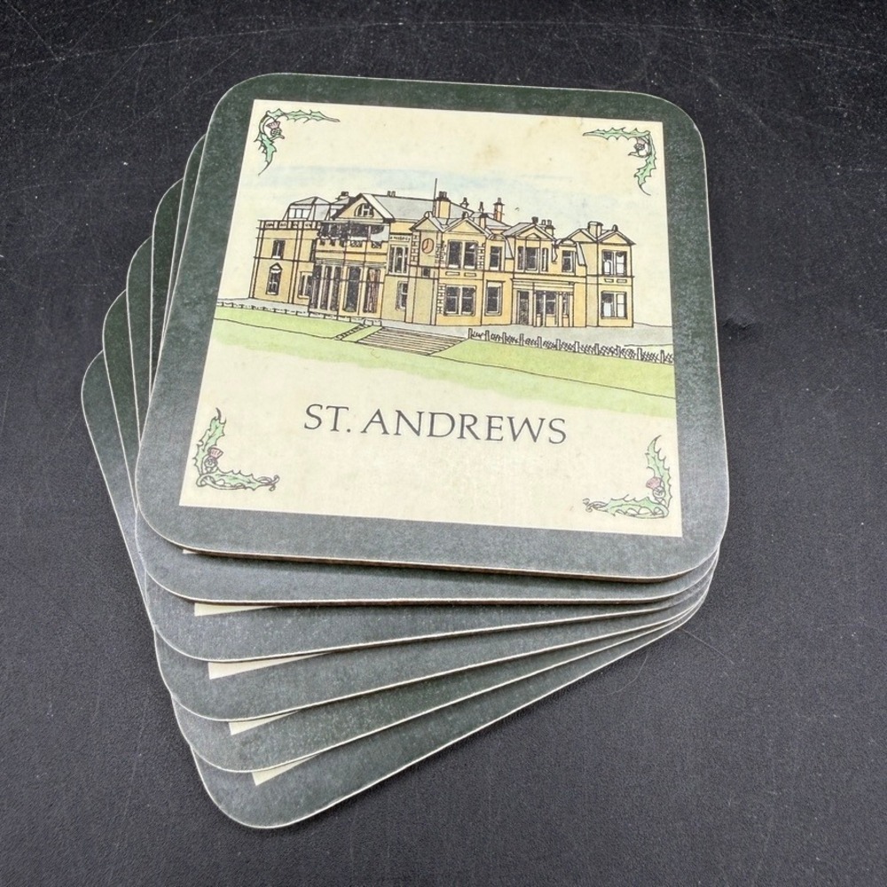 Vintage Scotland Golf Courses Coaster Set of 6 Green Illustration St. Andrews